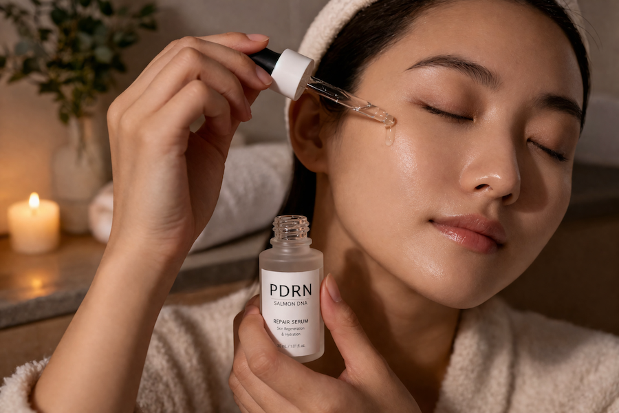 pdrn-serum-appliceras-pa-huden-for-forbattrad-hudhalsa-16×9 Serum med PDRN appliceras på huden med pipett i en lugn hudvårdsrutin, med fokus på ansikte och produktflaska.
