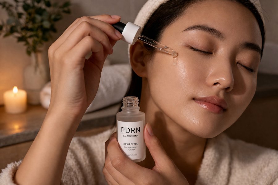 Serum med PDRN appliceras på huden med pipett i en lugn hudvårdsrutin, med fokus på ansikte och produktflaska.